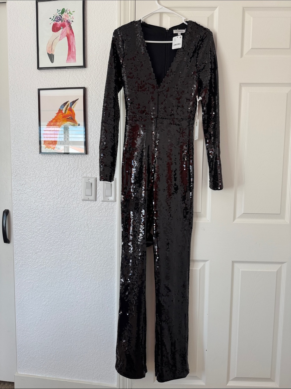 New with Tags! Good American Black Sequin V-Neck Long Sleeve Jumpsuit Size 1